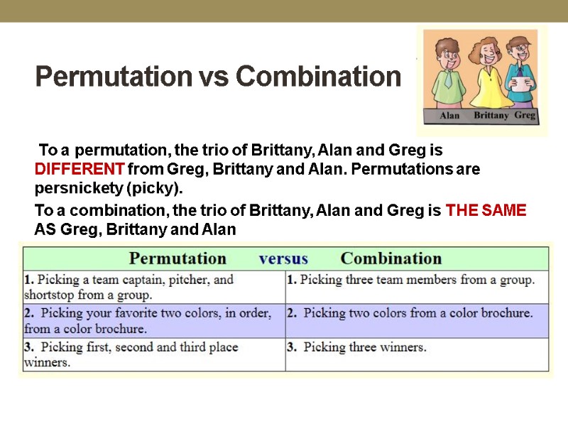 Permutation vs Combination  To a permutation, the trio of Brittany, Alan and Greg